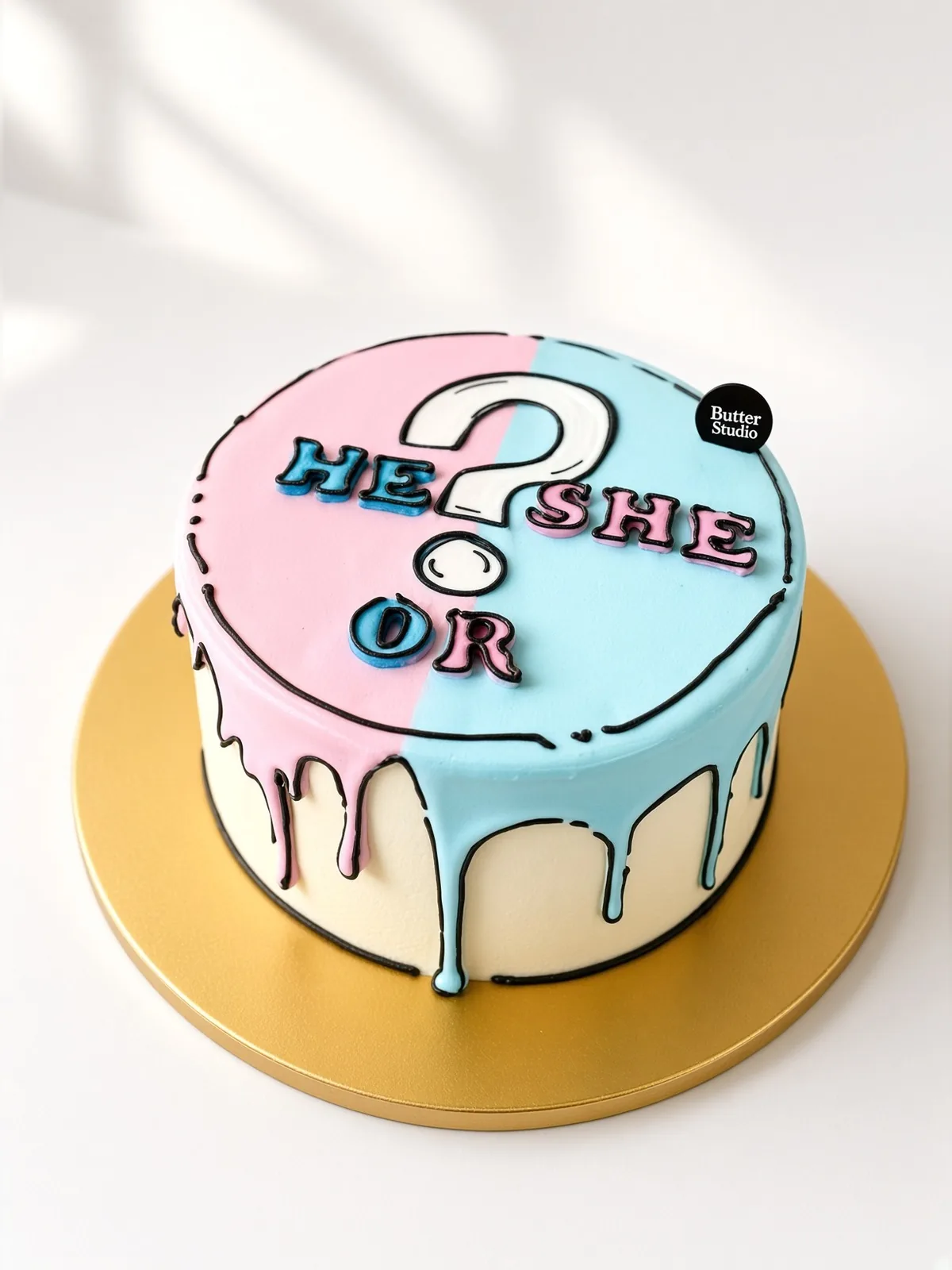 Pink and blue comic-style gender reveal cake with a question mark