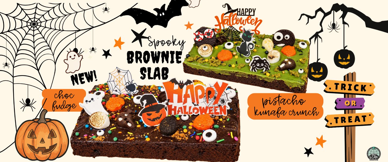 Spooky Halloween brownie slabs in chocolate fudge and pistachio kunafa crunch
