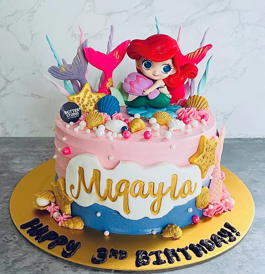 Mermaid themed pink birthday cake