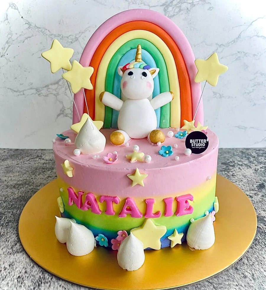 Rainbow unicorn birthday cake