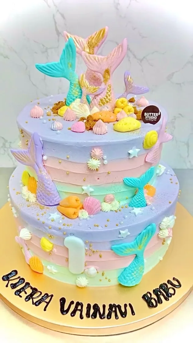 Pastel two-tier mermaid birthday cake