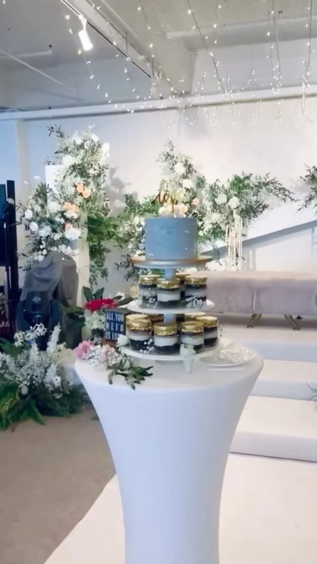 Blue cake and cupcake dessert display