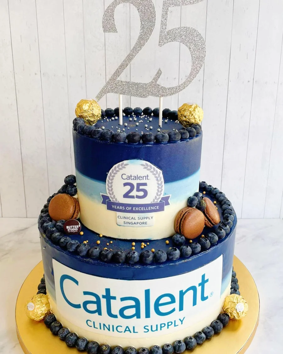 Blue and white twenty-fifth anniversary cake