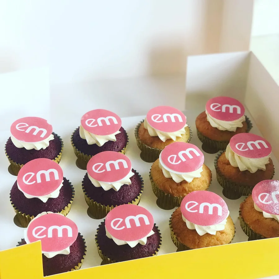 Pink branded cupcakes for corporate gifting