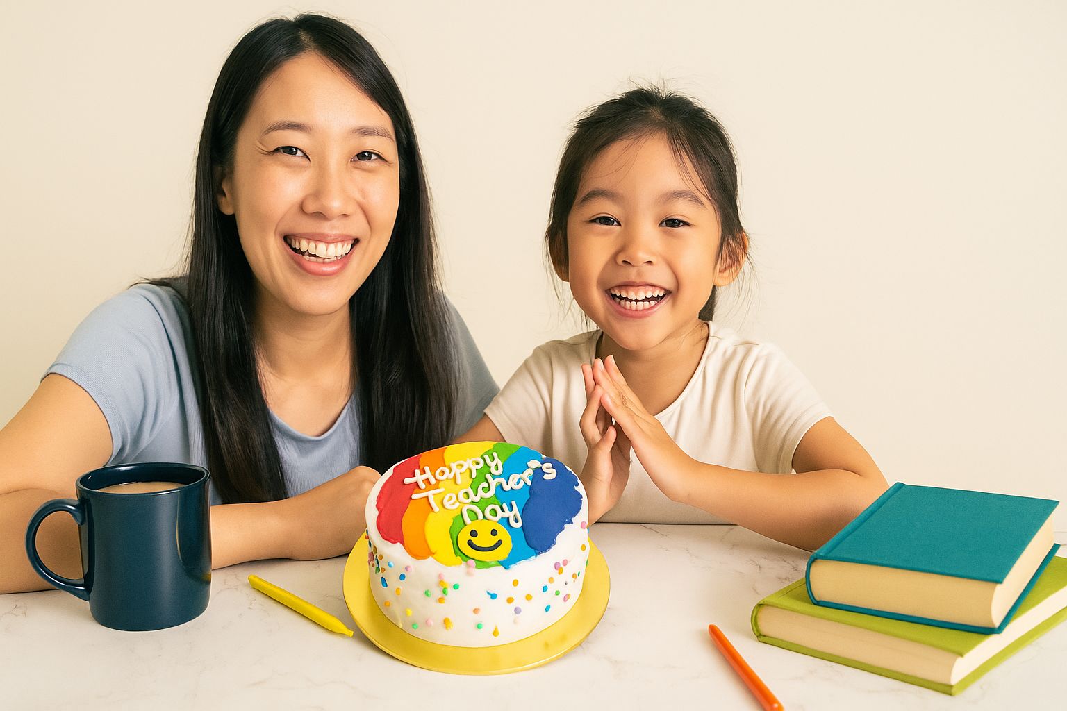 mother and daughter celebrating with a cake